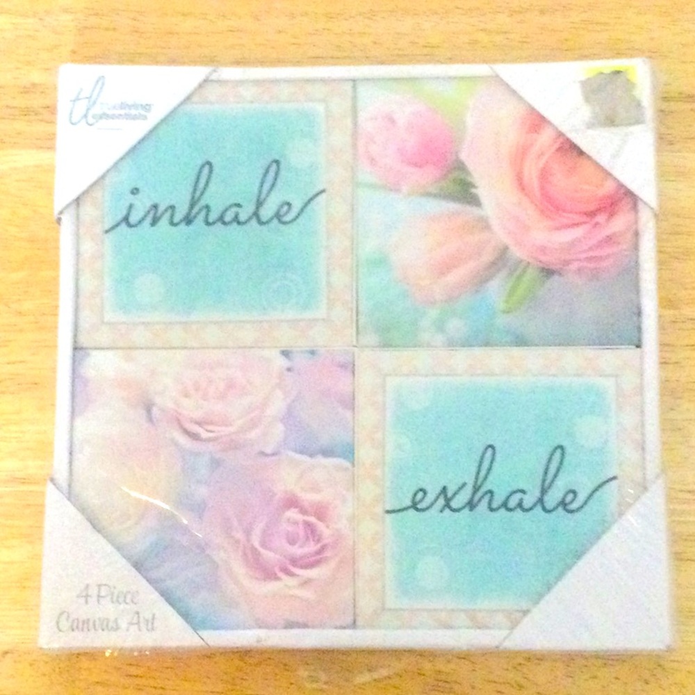 🌞 True Living Essentials 4 tiles 2 are pink Roses 2 blue say inhale exhale